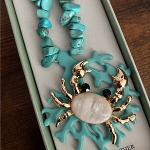 Turquoise and Gold Crab Pendant Necklace